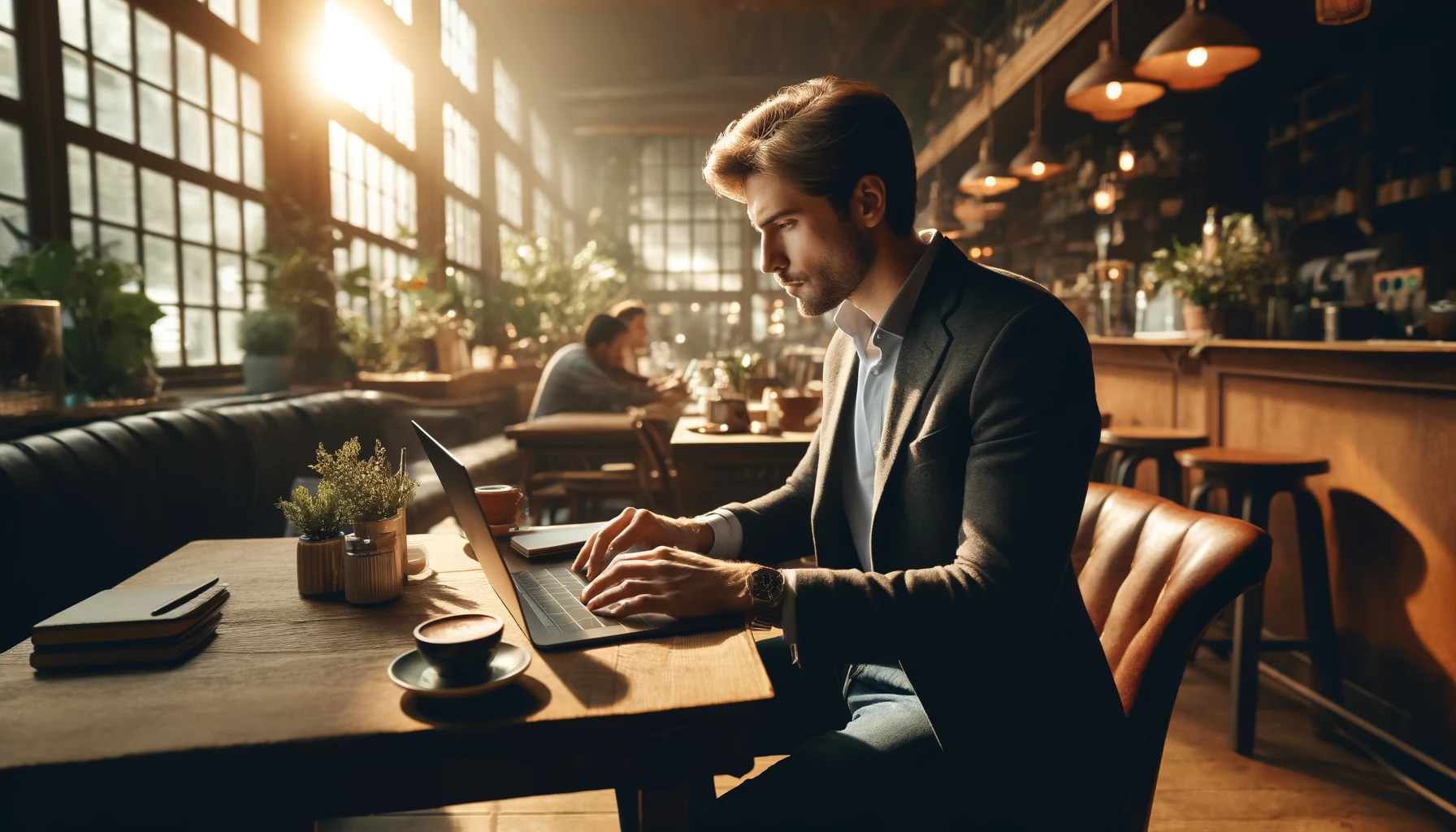 a man working on his laptop in a cozy cafe.